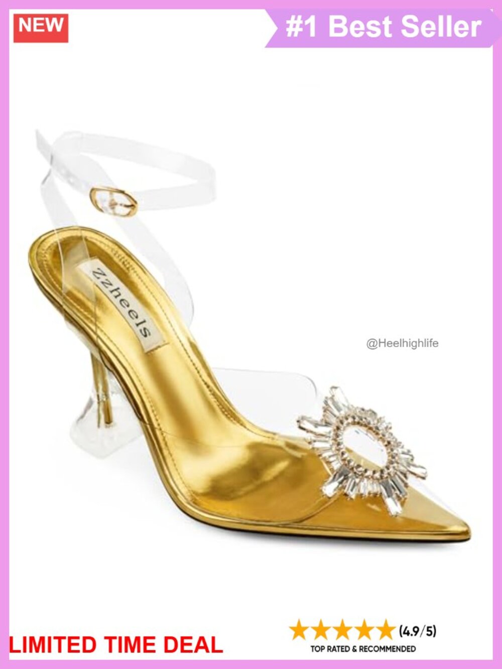Clear Pointed Toe Rhinestone Ankle Strap Block Heel Pumps Formal Evening